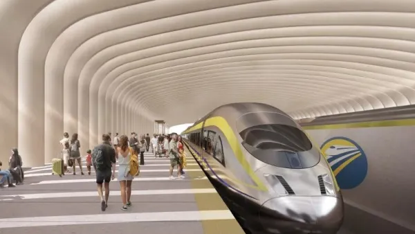 Rendering of California High-Speed Rail station with bullet train.